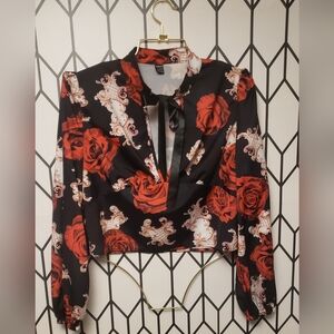 VaVaLuxe Floral Print Lantern Sleeve Tie Neck Blouse